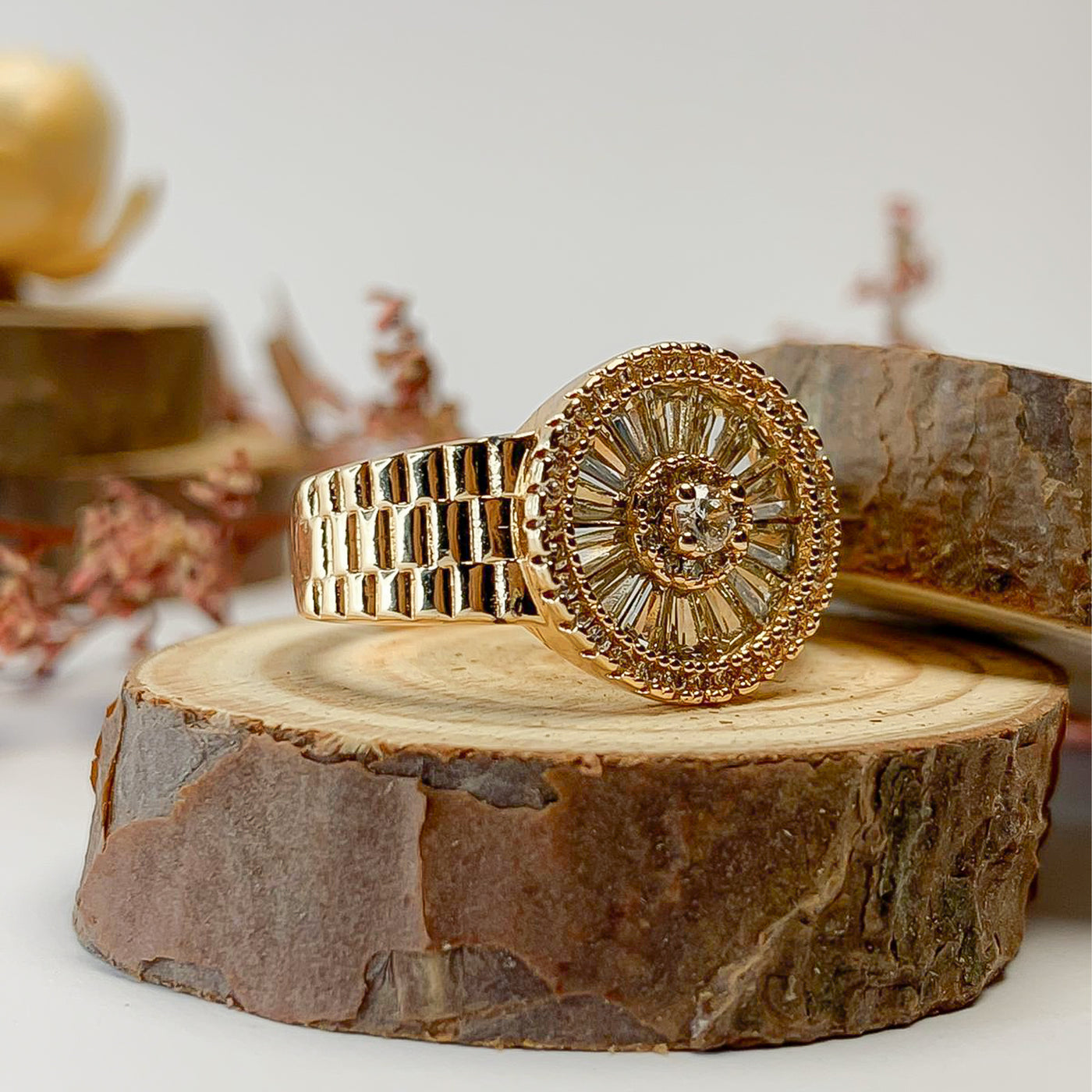 Golden Watch Face Zircon Ring