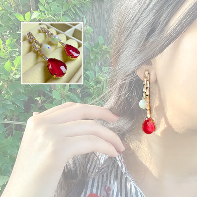 Glamorous Ruby Red and Opal Dangle Earrings