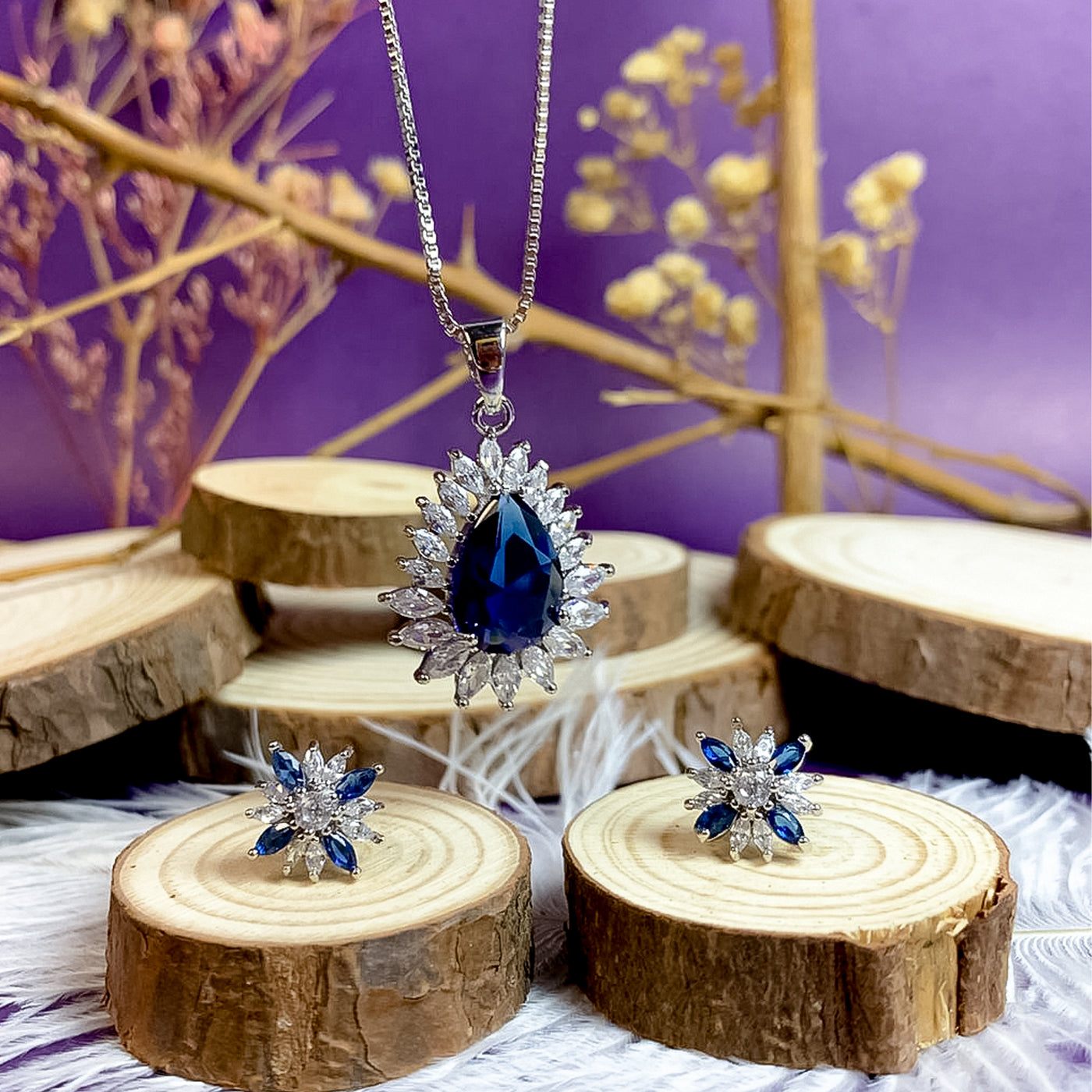 Exquisite Royal Blue Sapphire and Diamond Halo Jewelry Set