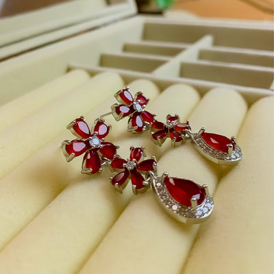 Fiery Ruby Red Floral and Teardrop Jewelry Set