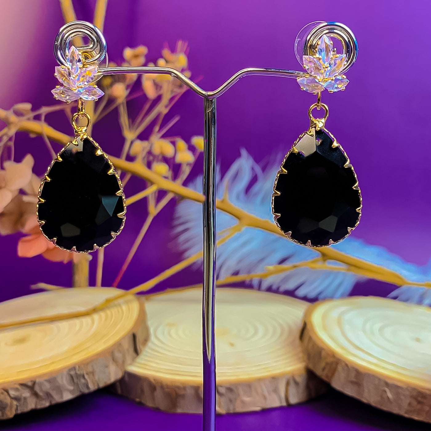 Elegant Black Teardrop and Zircon Dangle Earrings