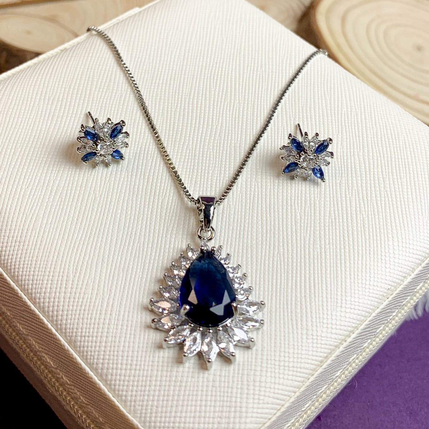 Exquisite Royal Blue Sapphire and Diamond Halo Jewelry Set
