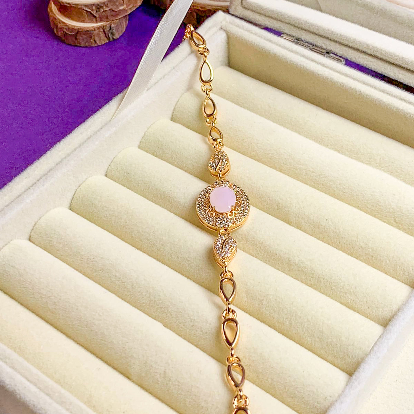 Golden Pink Opal and Zircon Link Bracelet
