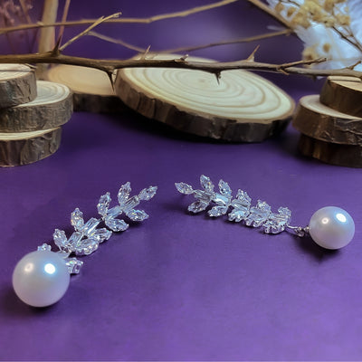 Brilliant Silver-Toned Leaf and Pearl Drop Earrings