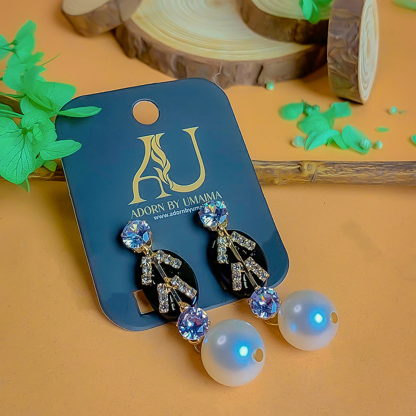 Golden Statement Earrings with Black Onyx and Faux Pearl