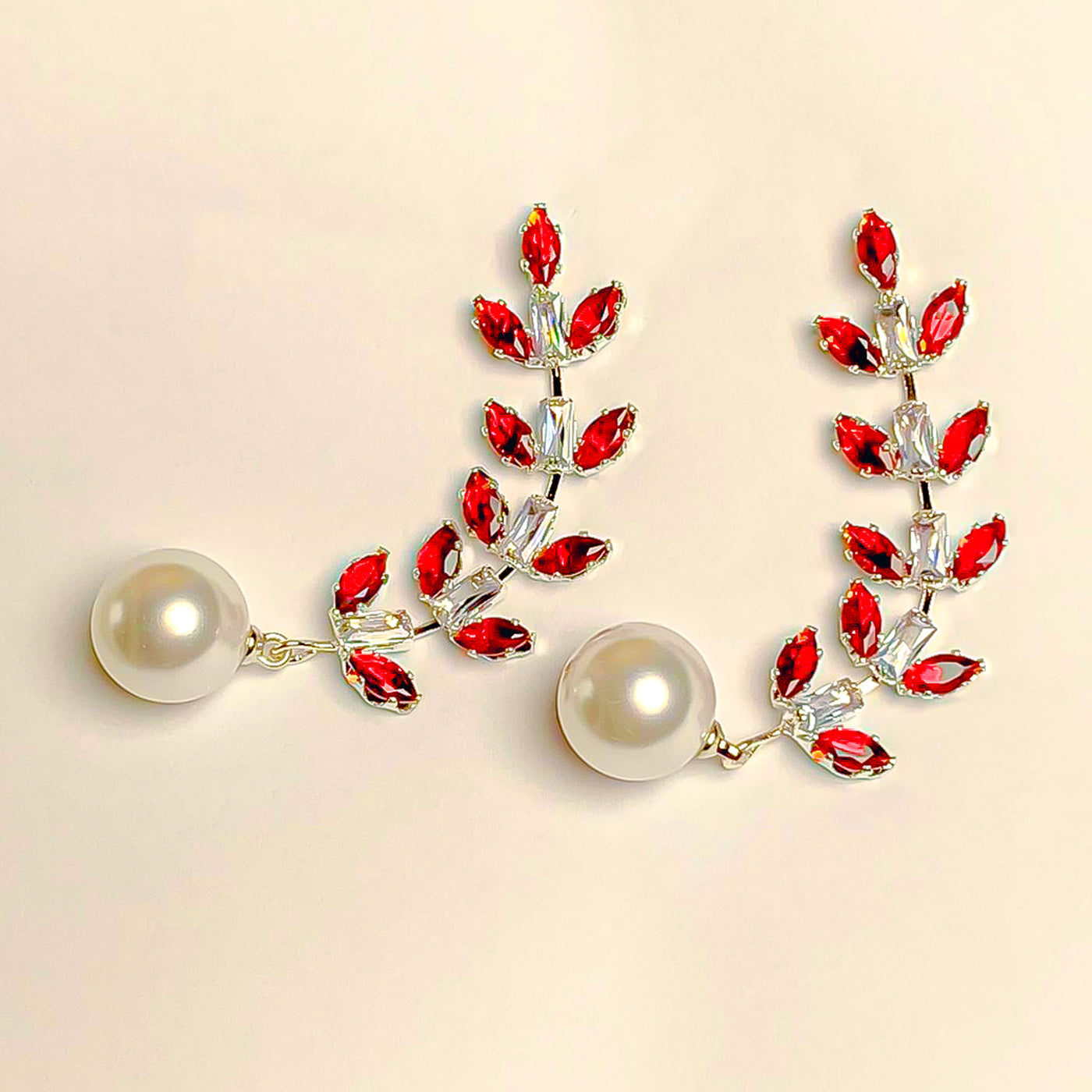 Elegant Red Zircon Leaf and Pearl Drop Earrings