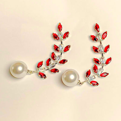 Elegant Red Zircon Leaf and Pearl Drop Earrings