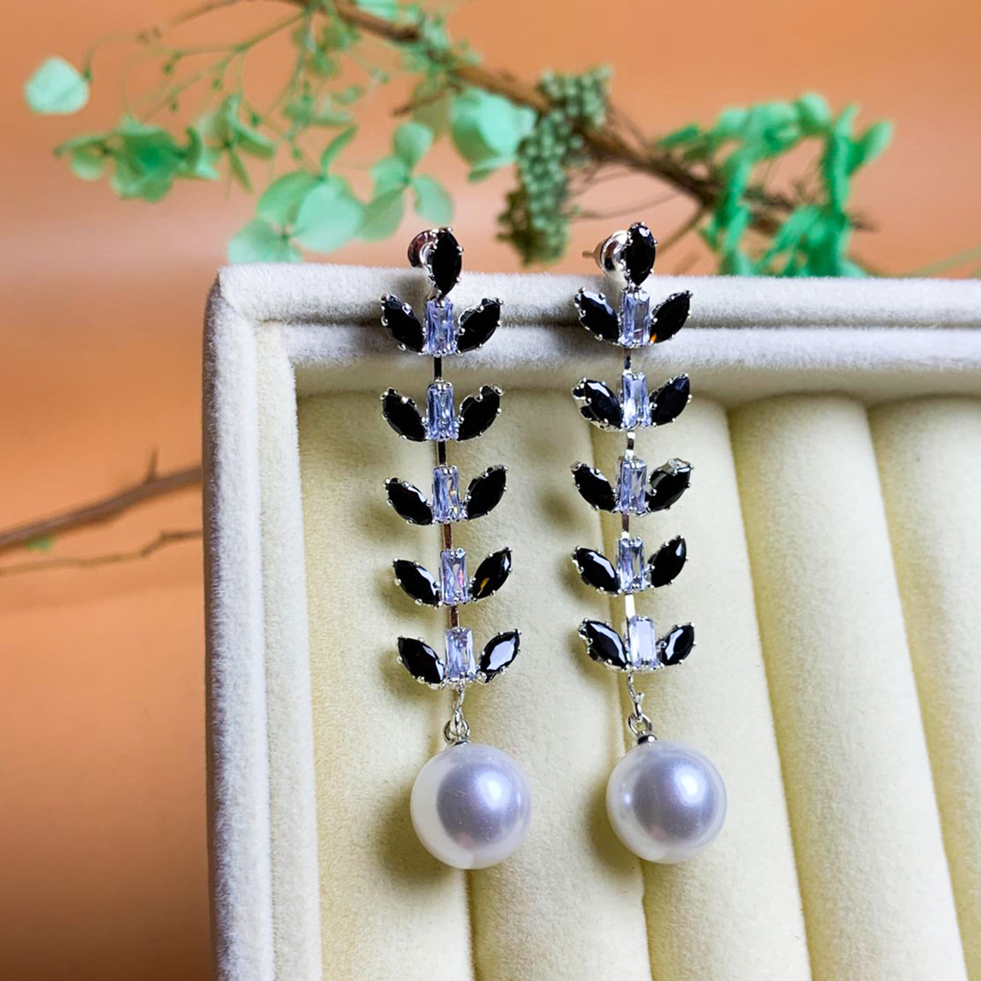 Elegant Black and Silver Floral Dangle Earrings