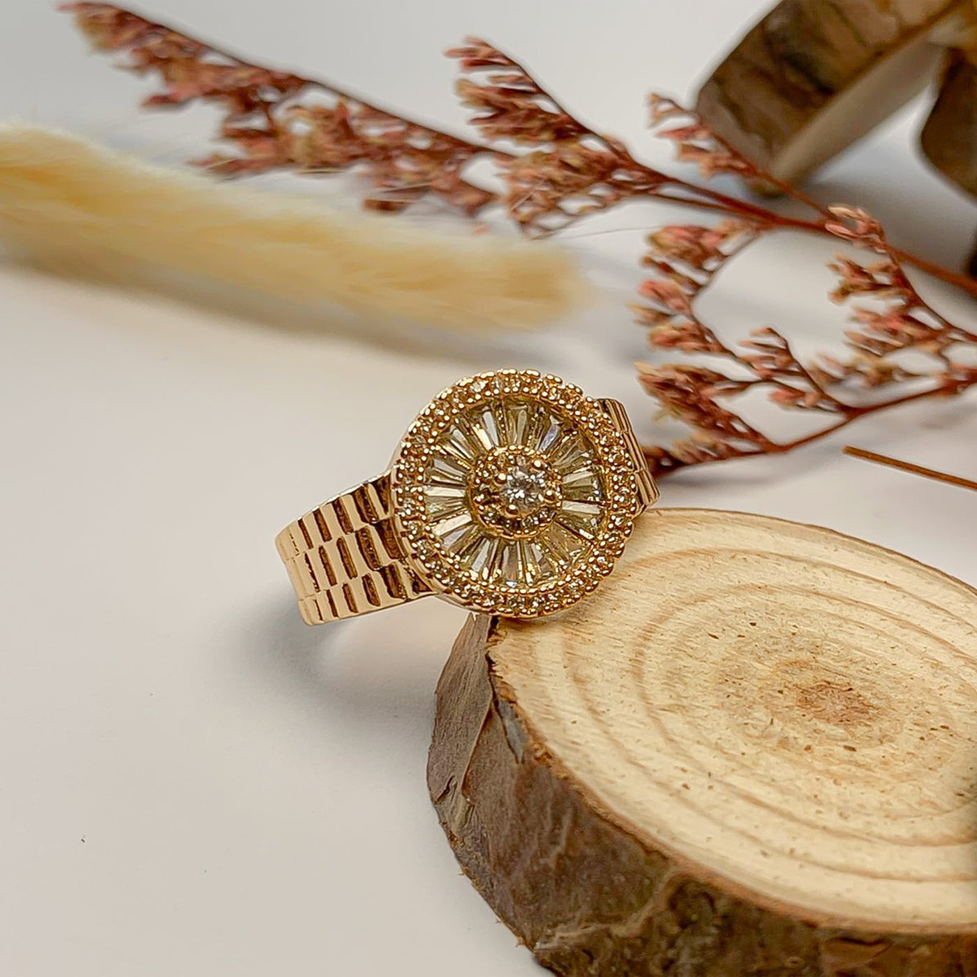 Golden Watch Face Zircon Ring