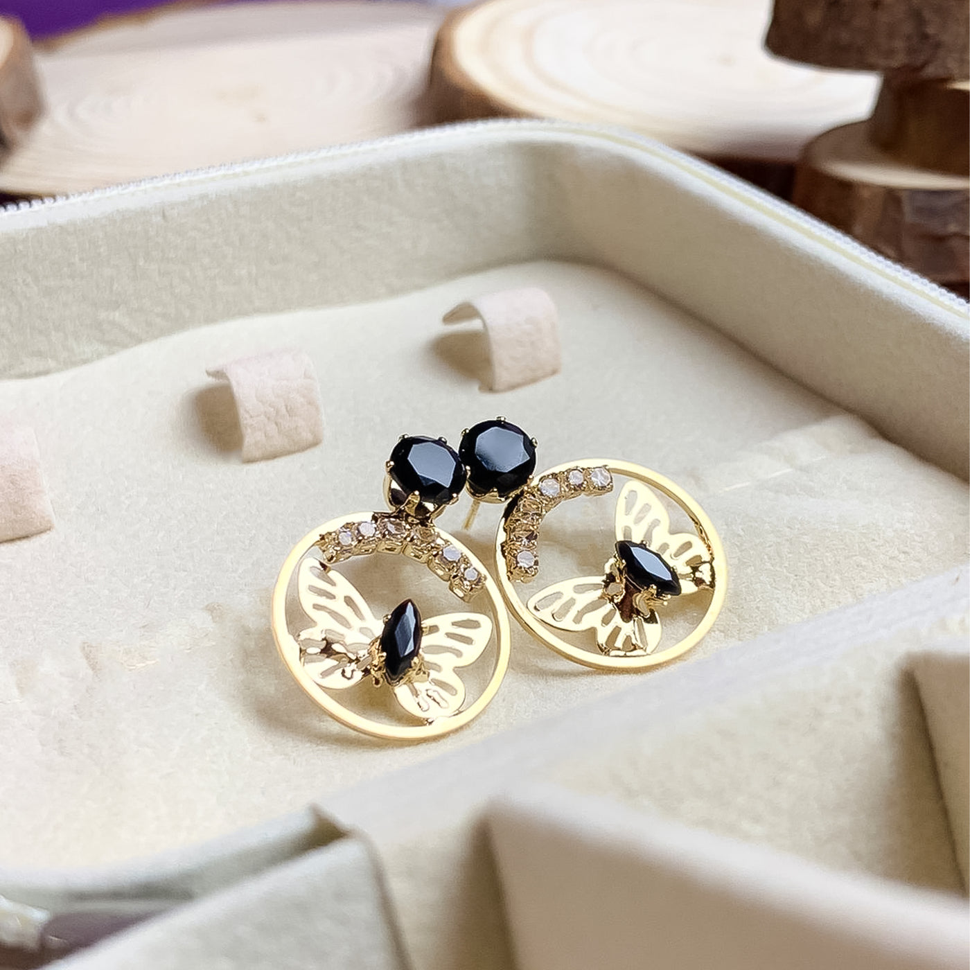 Golden Butterfly Hoop Earrings with Black Zircon