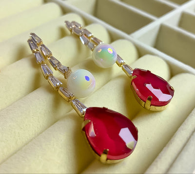 Glamorous Ruby Red and Opal Dangle Earrings