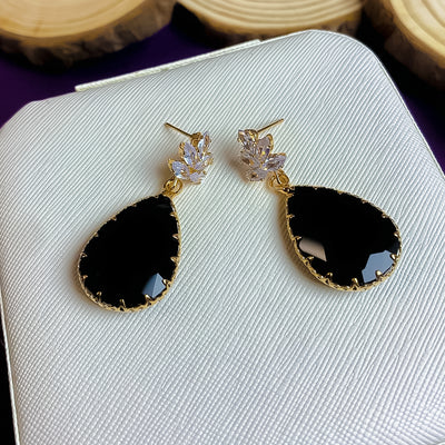 Elegant Black Teardrop and Zircon Dangle Earrings