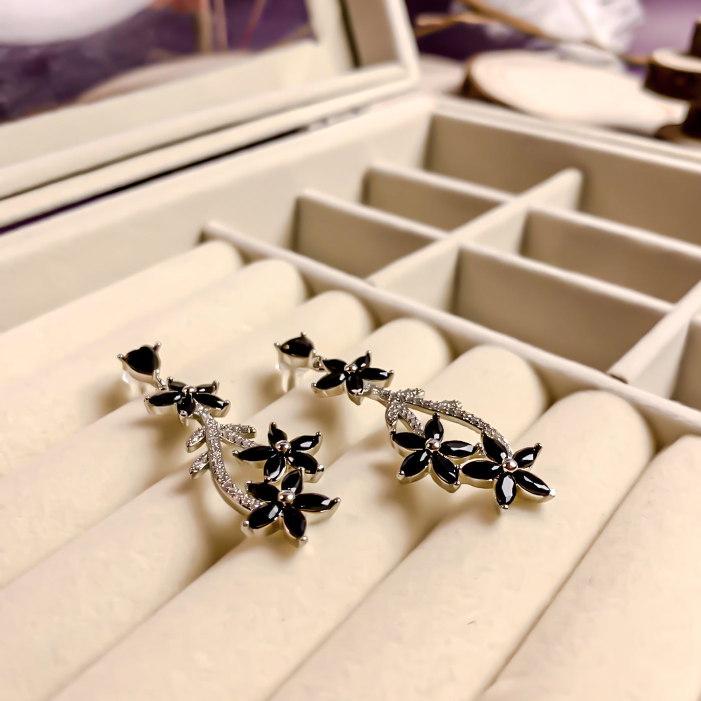 Black Zircon and Diamond Floral Vine Earrings