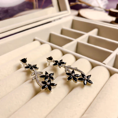 Black Zircon and Diamond Floral Vine Earrings