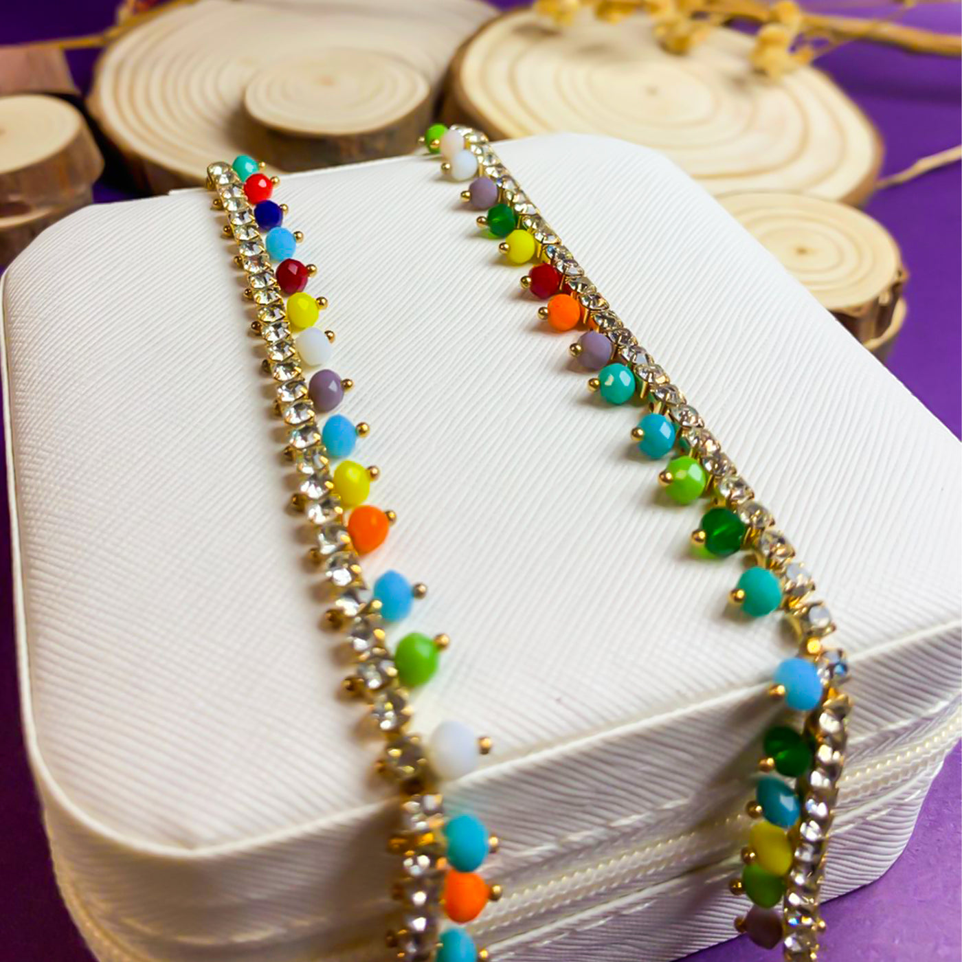 Colorful Beaded Chain Anklet with Zircon Accents