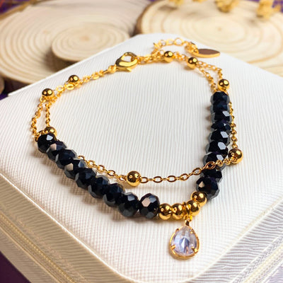 Golden Layered Black Crystal Anklet with Teardrop Charm