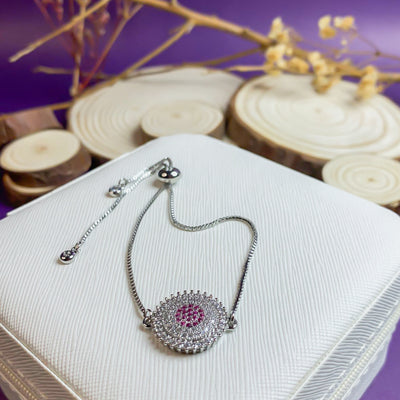 Silver-Toned Evil Eye Slider Bracelet with Pink Zircon