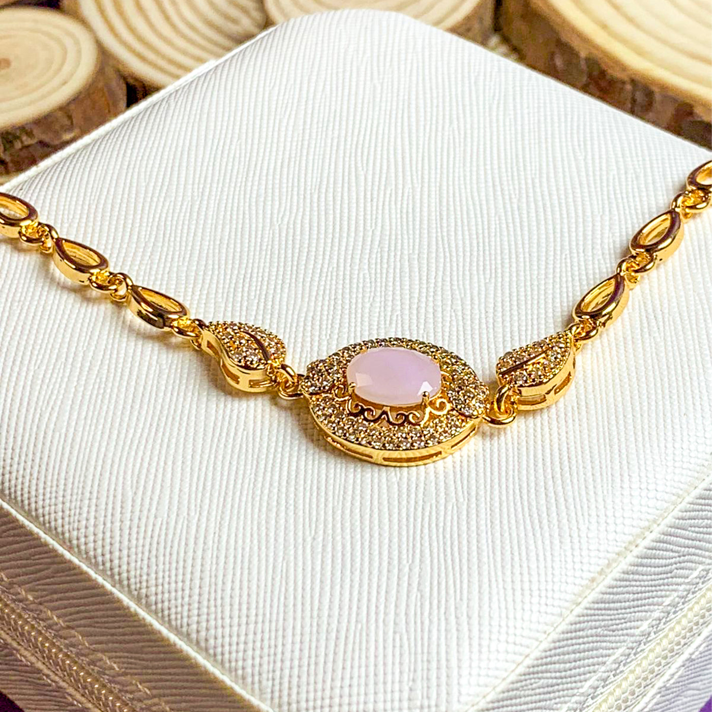 Golden Pink Opal and Zircon Link Bracelet