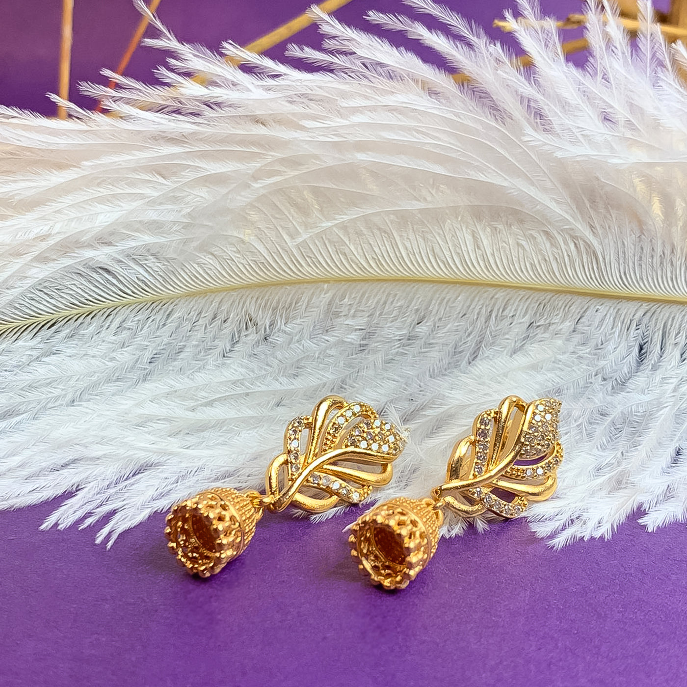 Golden Feather Drop Earrings with Dazzling Zircon Accents