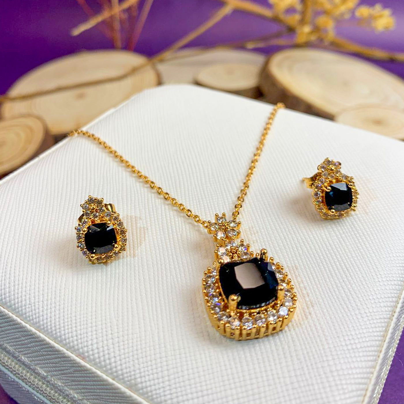 Golden Black Zircon Cushion Cut Jewelry Set