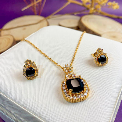 Golden Black Zircon Cushion Cut Jewelry Set