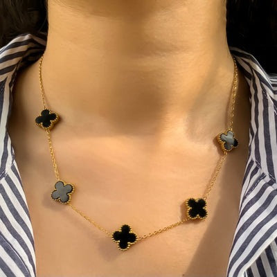 Golden Five-Clover Necklace with Black Enamel