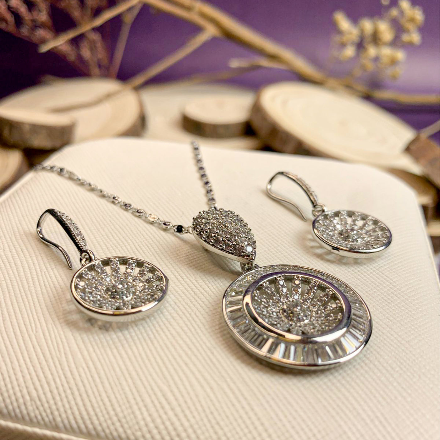 Silver-Toned Sunburst Halo Jewelry Set