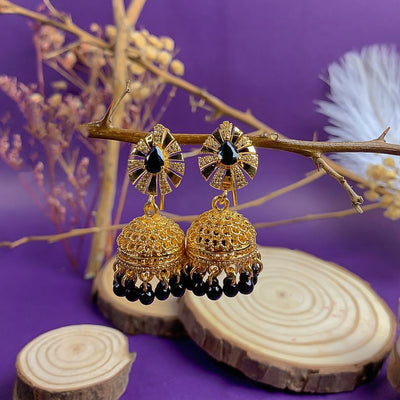 Golden and Black Zircon Jhumka Earrings