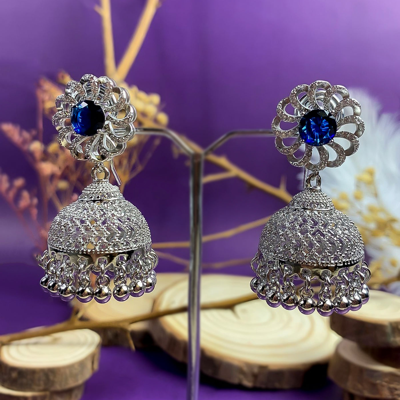 Silver-Toned Royal Blue Zircon Jhumka Earrings