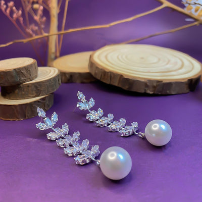 Brilliant Silver-Toned Leaf and Pearl Drop Earrings