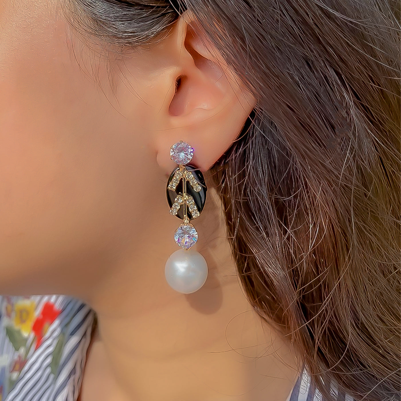 Golden Statement Earrings with Black Onyx and Faux Pearl