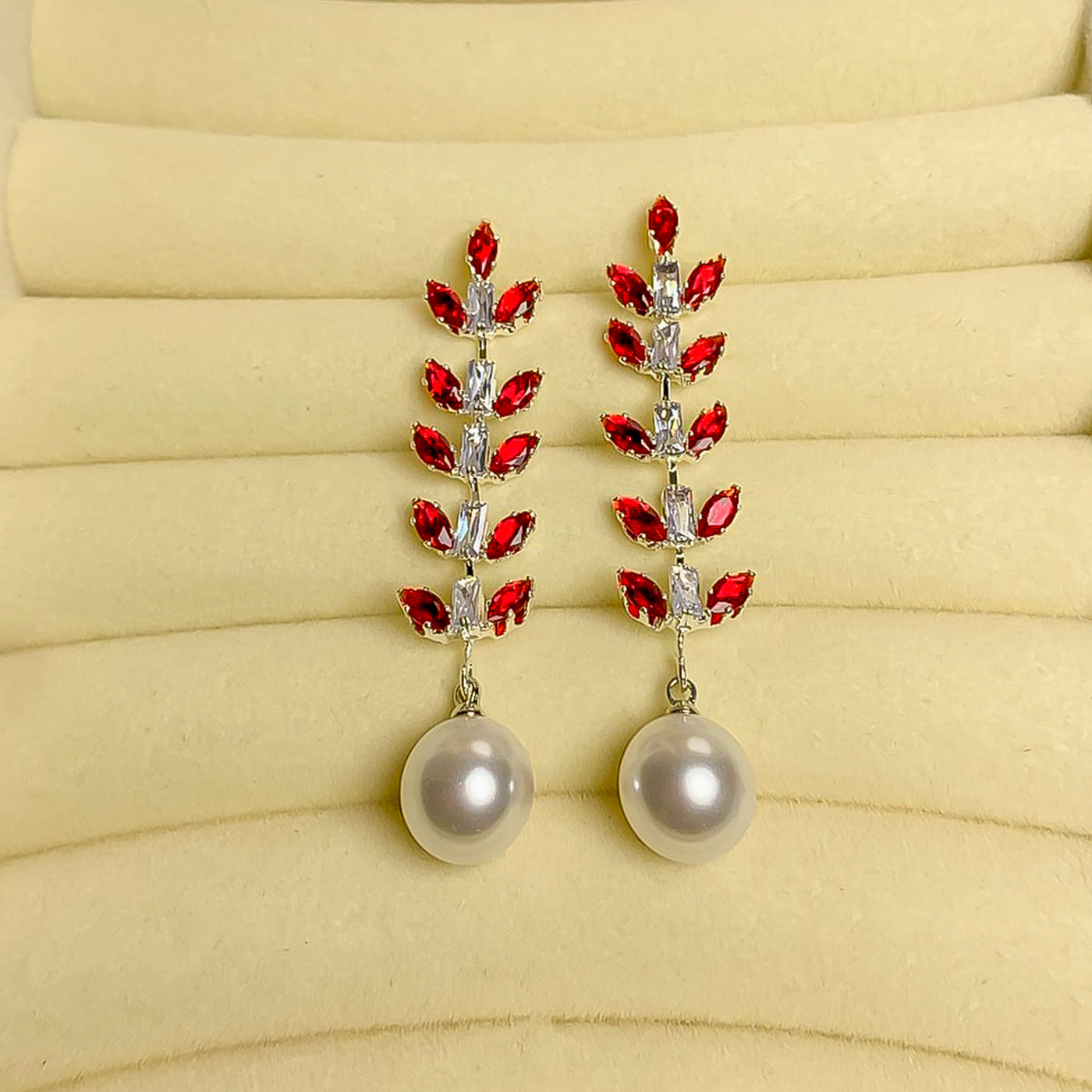 Elegant Red Zircon Leaf and Pearl Drop Earrings