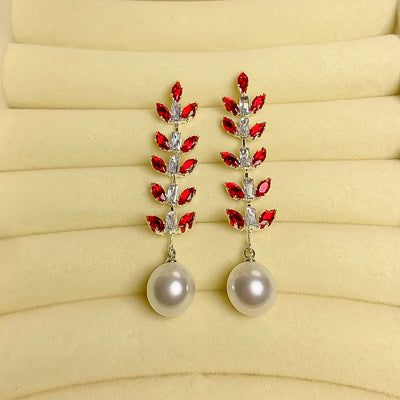 Elegant Red Zircon Leaf and Pearl Drop Earrings
