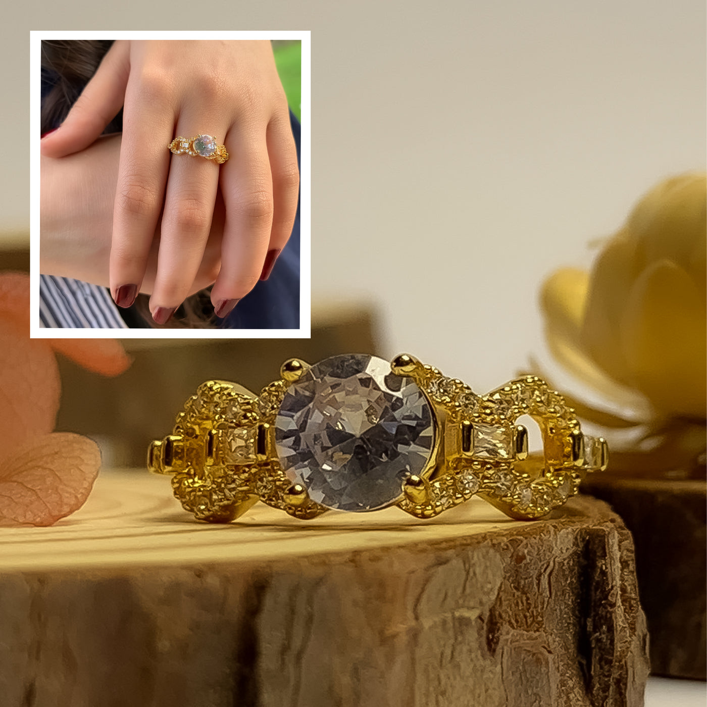 Golden Solitaire and Interlocking Pave Ring