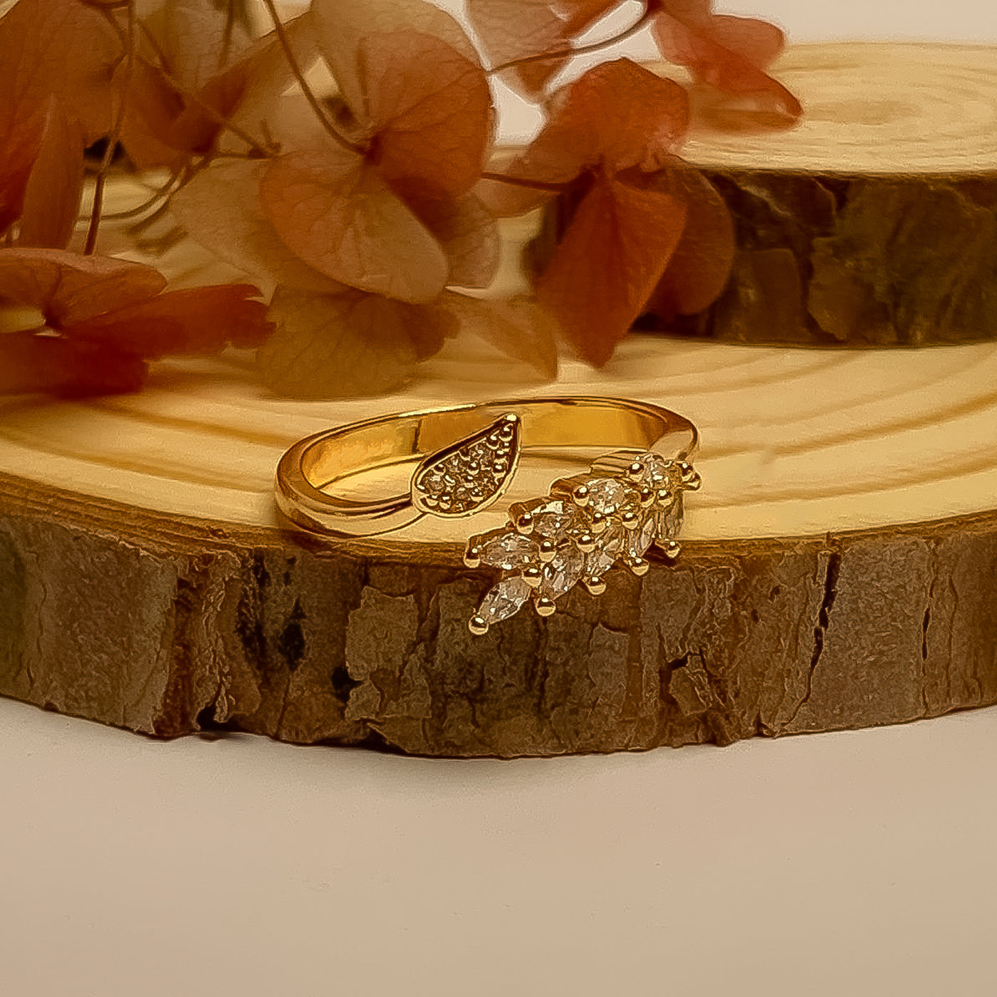 Golden Adjustable Leaf and Zircon Ring