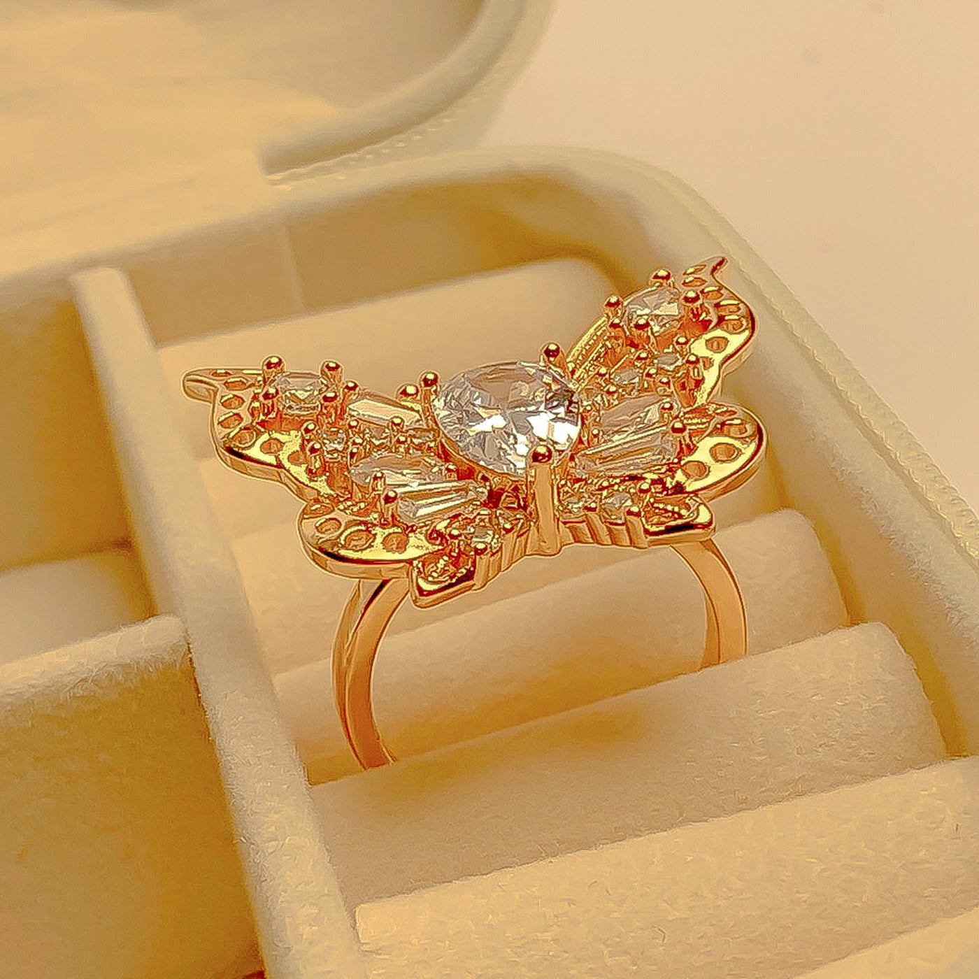 Golden Butterfly Zircon Statement Ring