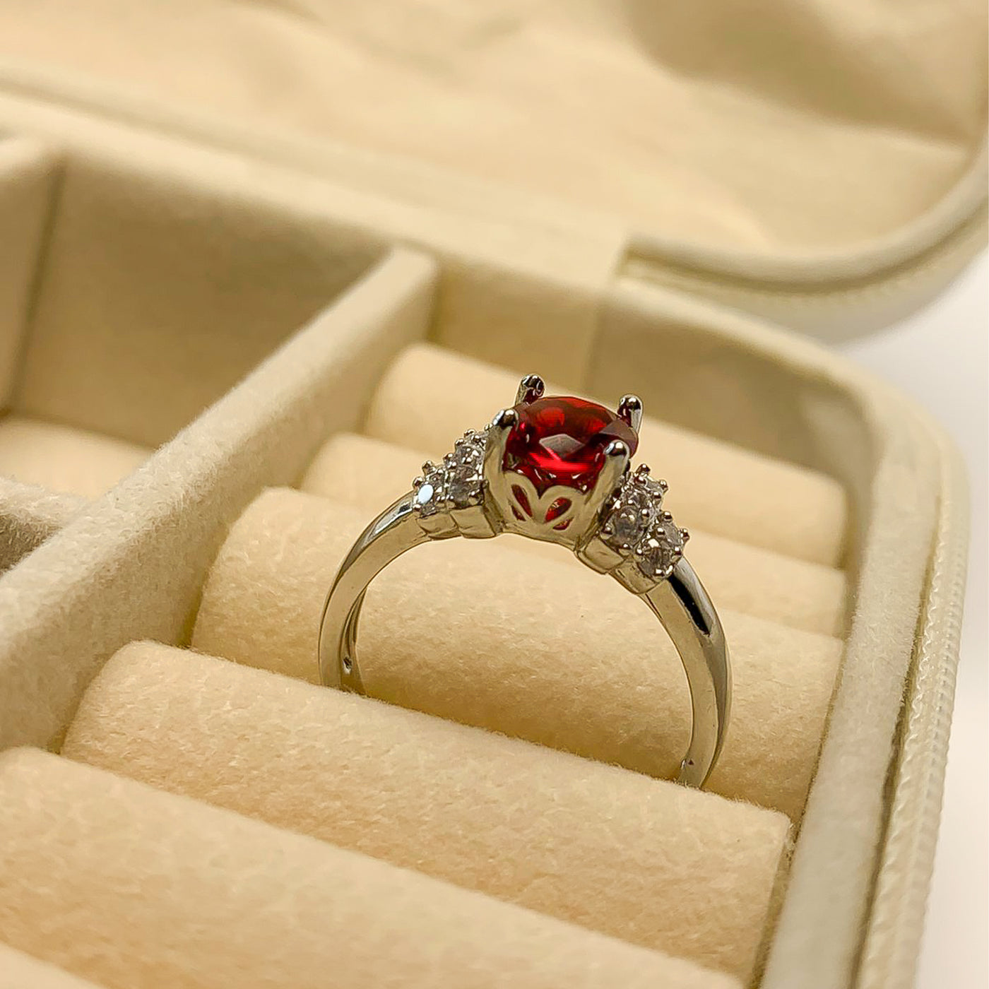 Silver-Toned Ruby Red Solitaire Ring