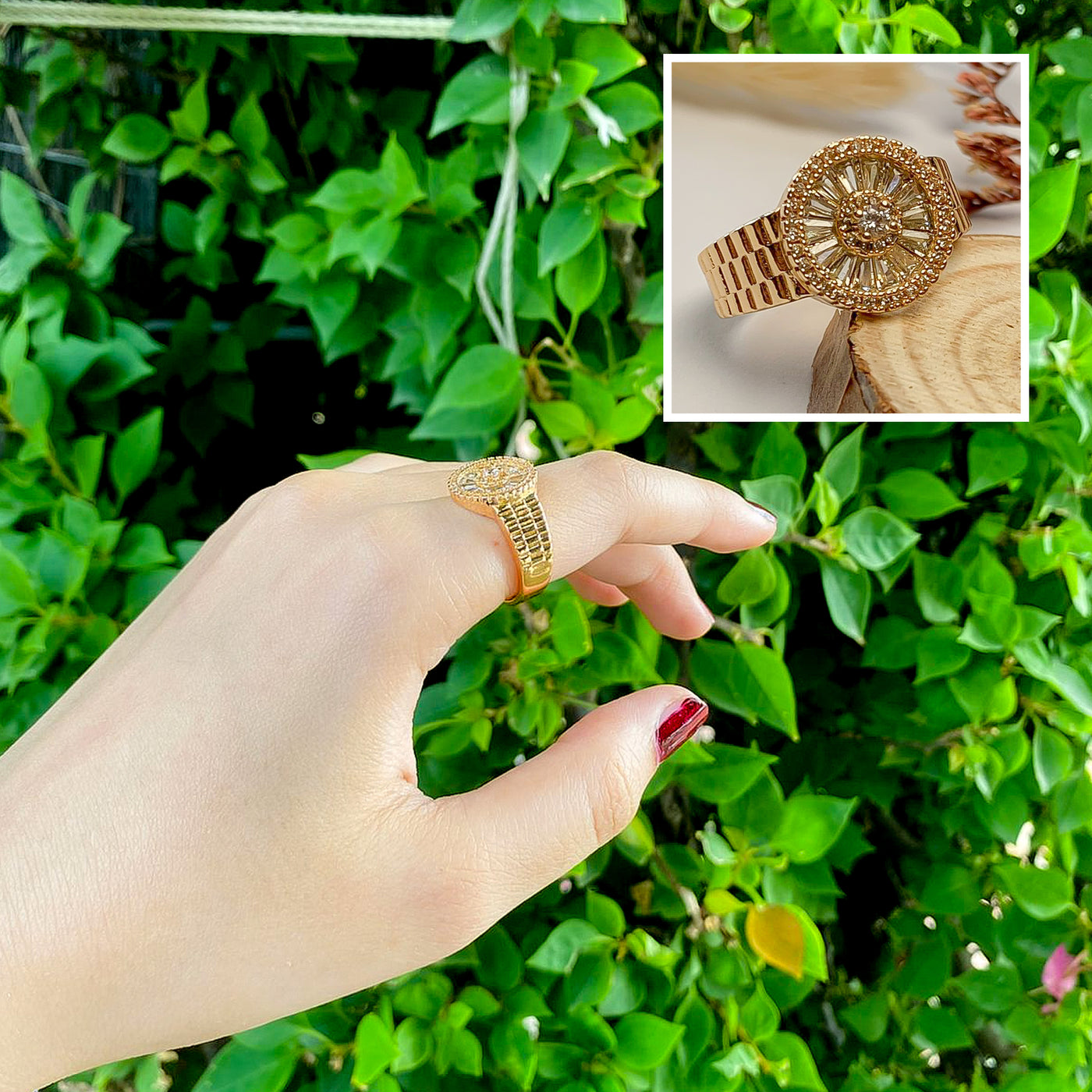 Golden Watch Face Zircon Ring