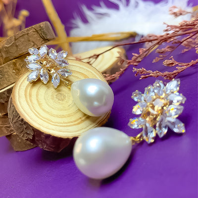 Golden Starburst Pearl Drop Earrings