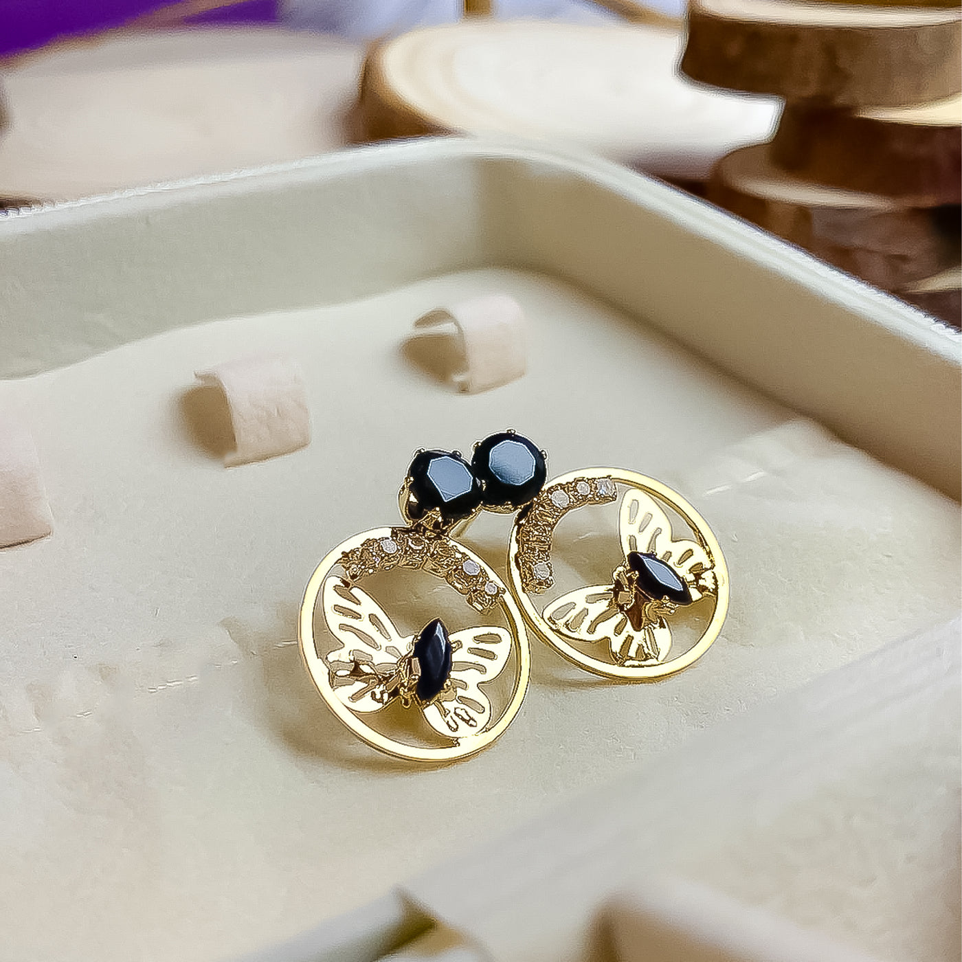 Golden Butterfly Hoop Earrings with Black Zircon