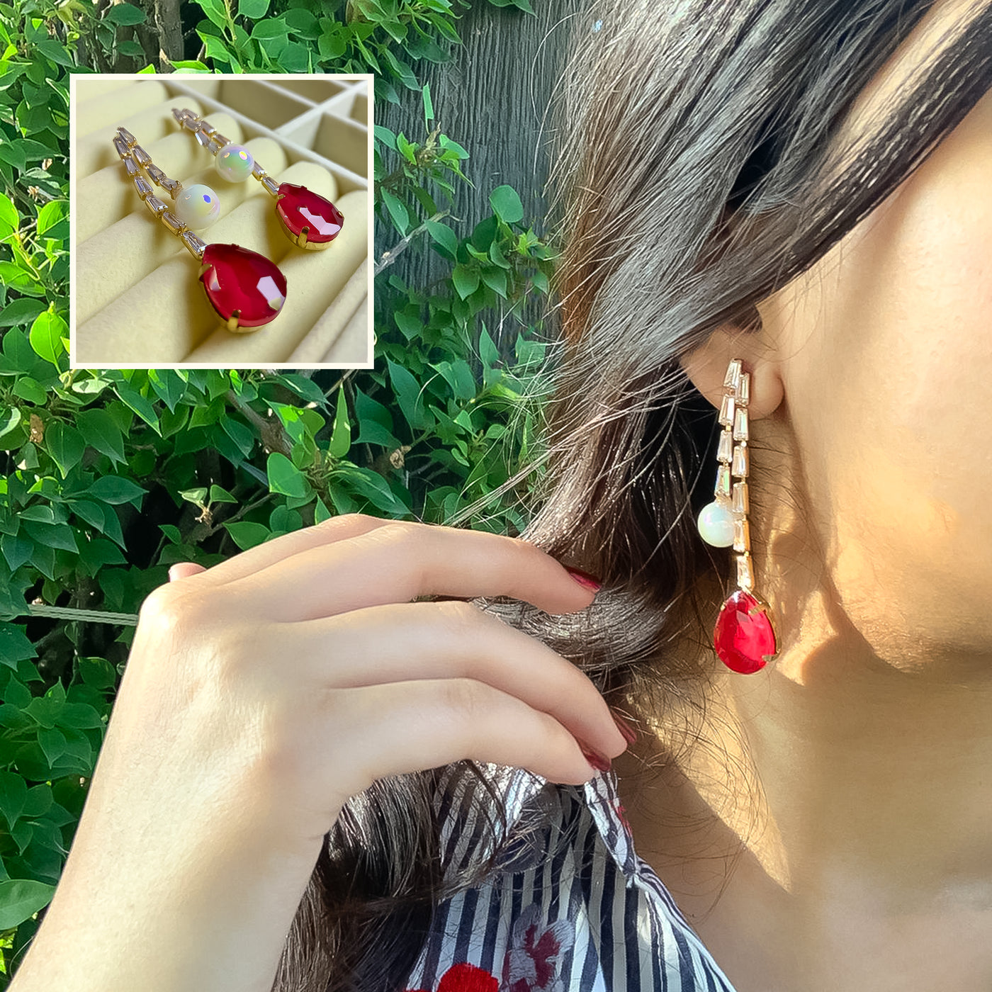 Glamorous Ruby Red and Opal Dangle Earrings