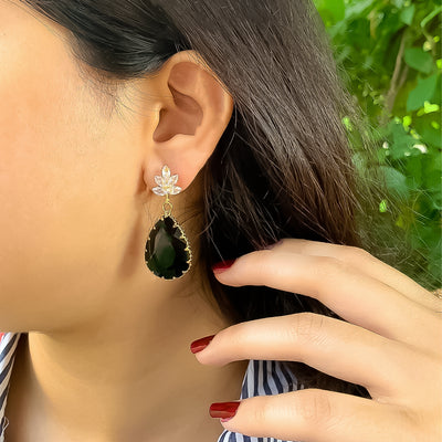 Elegant Black Teardrop and Zircon Dangle Earrings