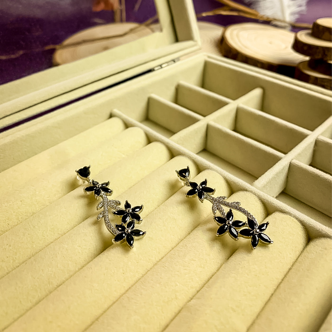 Black Zircon and Diamond Floral Vine Earrings