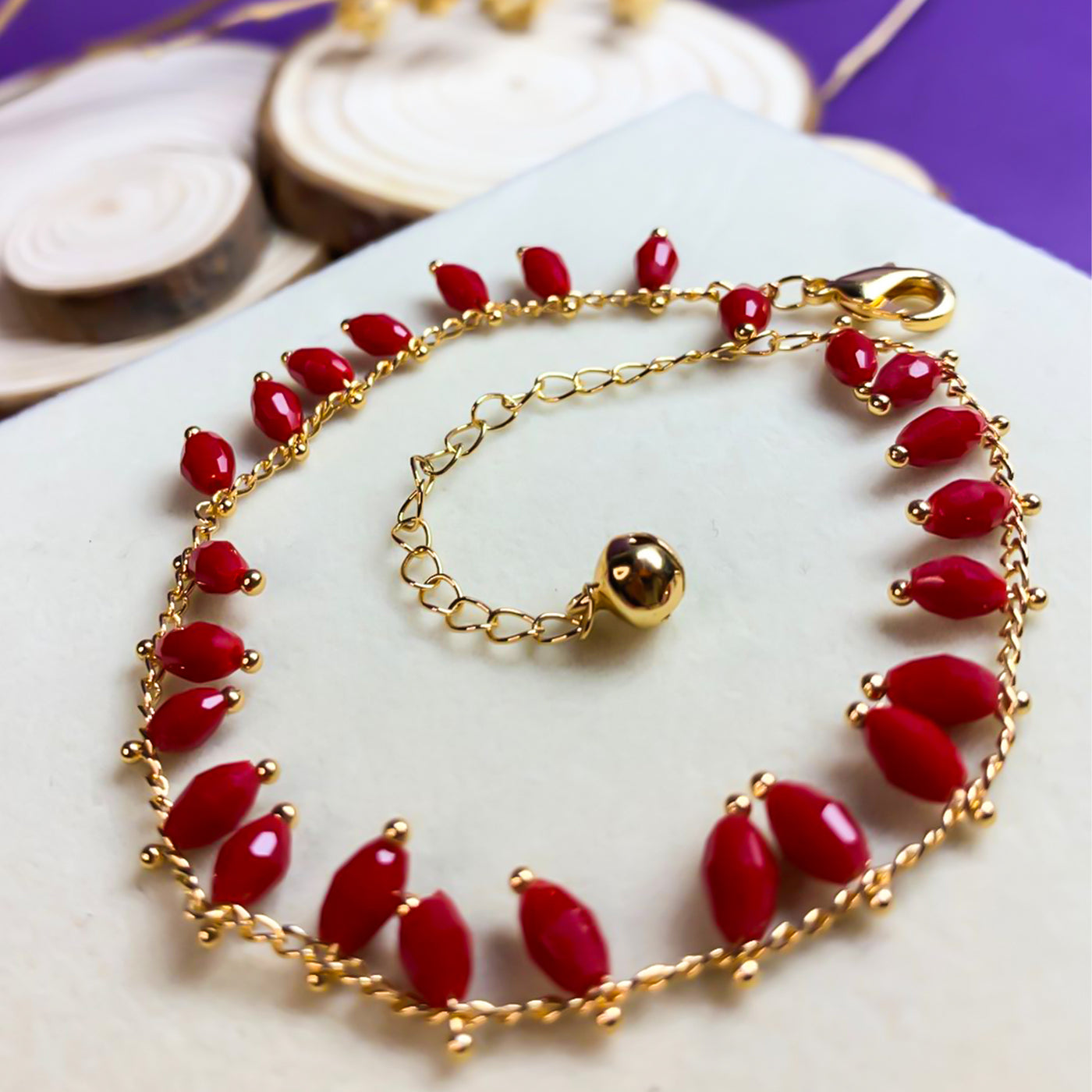 Golden Beaded Red Zircon Anklet