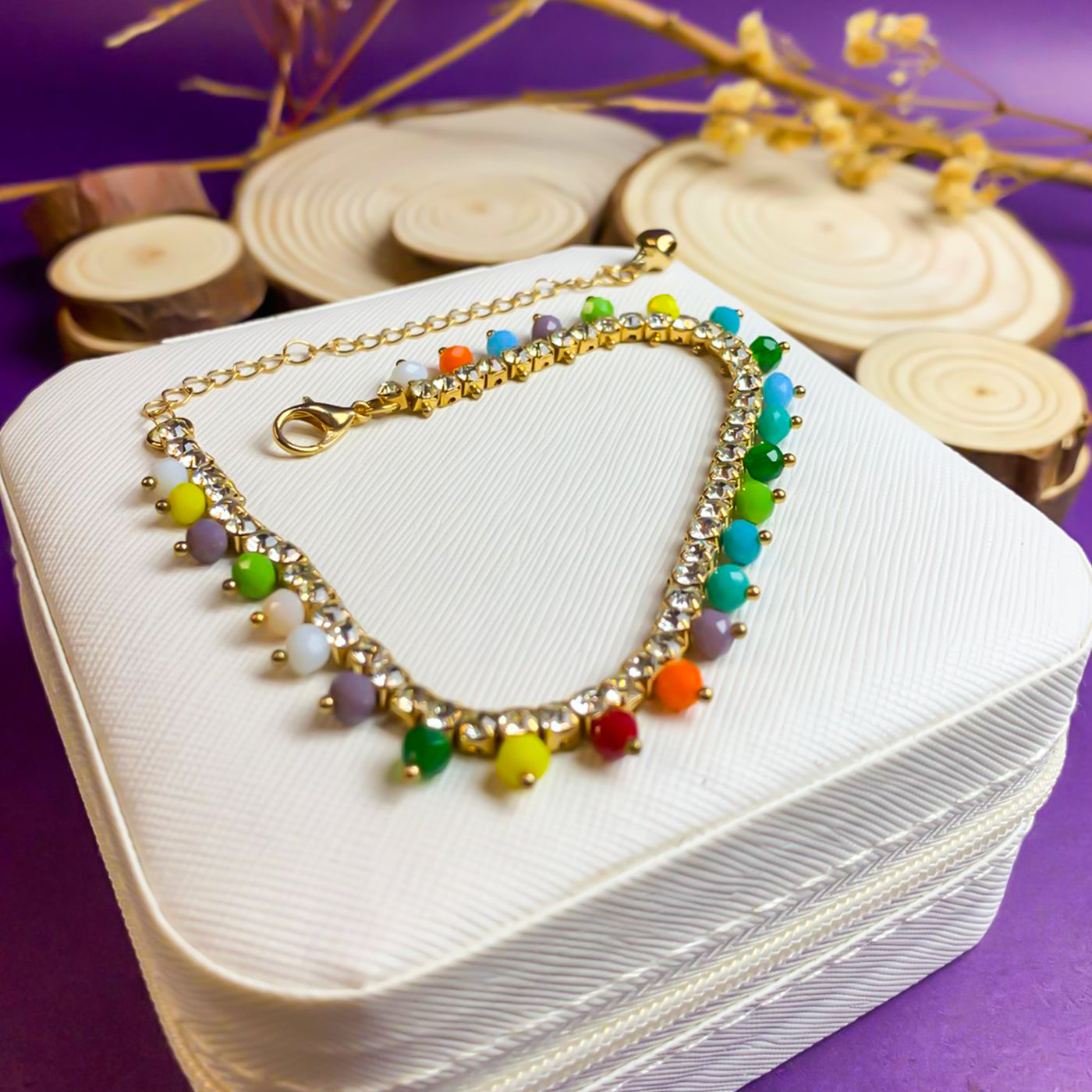 Colorful Beaded Chain Anklet with Zircon Accents