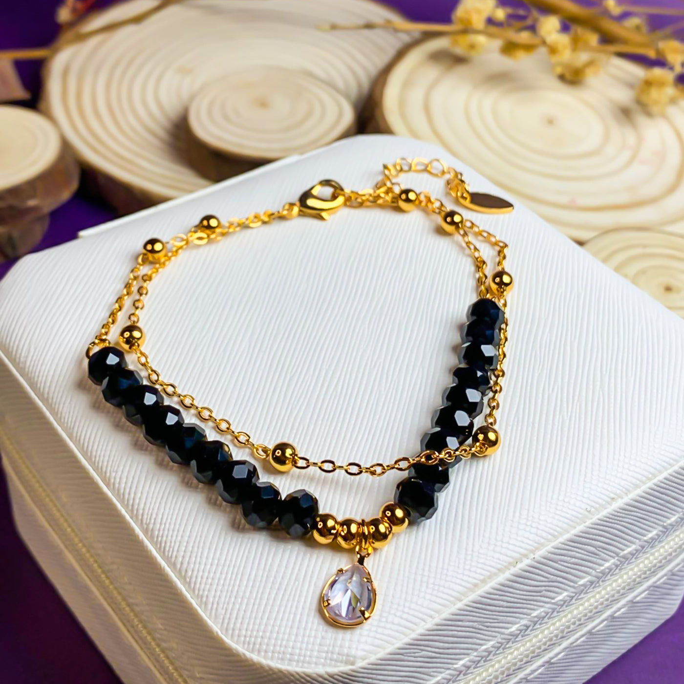 Golden Layered Black Crystal Anklet with Teardrop Charm