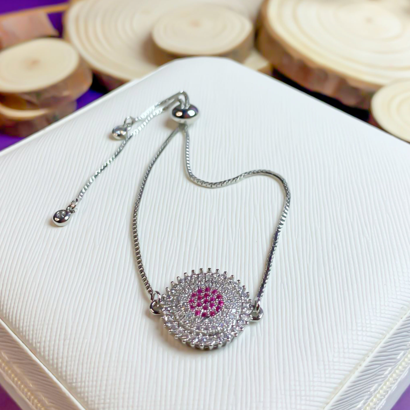 Silver-Toned Evil Eye Slider Bracelet with Pink Zircon