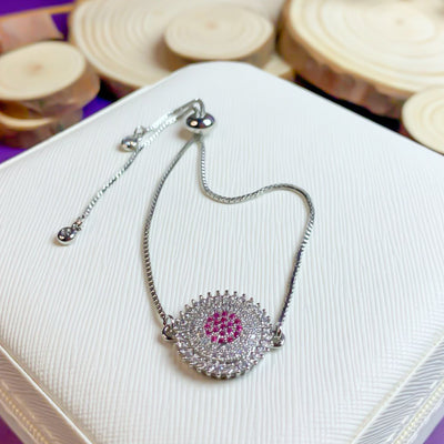 Silver-Toned Evil Eye Slider Bracelet with Pink Zircon