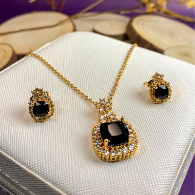Golden Black Zircon Cushion Cut Jewelry Set