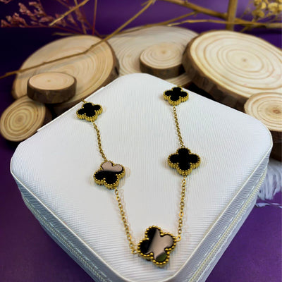 Golden Five-Clover Necklace with Black Enamel